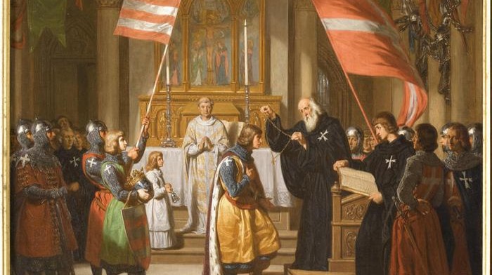 Andrew II, King of Hungary, leading a crusade to the Holy Land, joins the Order of the Knights Hospitallers of Saint John of Jerusalem and receives the knight’s habit from Grand Master Guérin de Montaigu in Saint John of Acre, 1218.