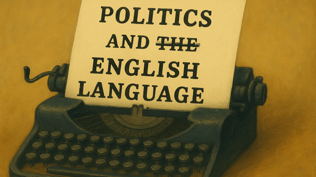 A surreal Orwellian artwork showing text being censored, erased, or mechanically rewritten—symbolizing the political manipulation of language.