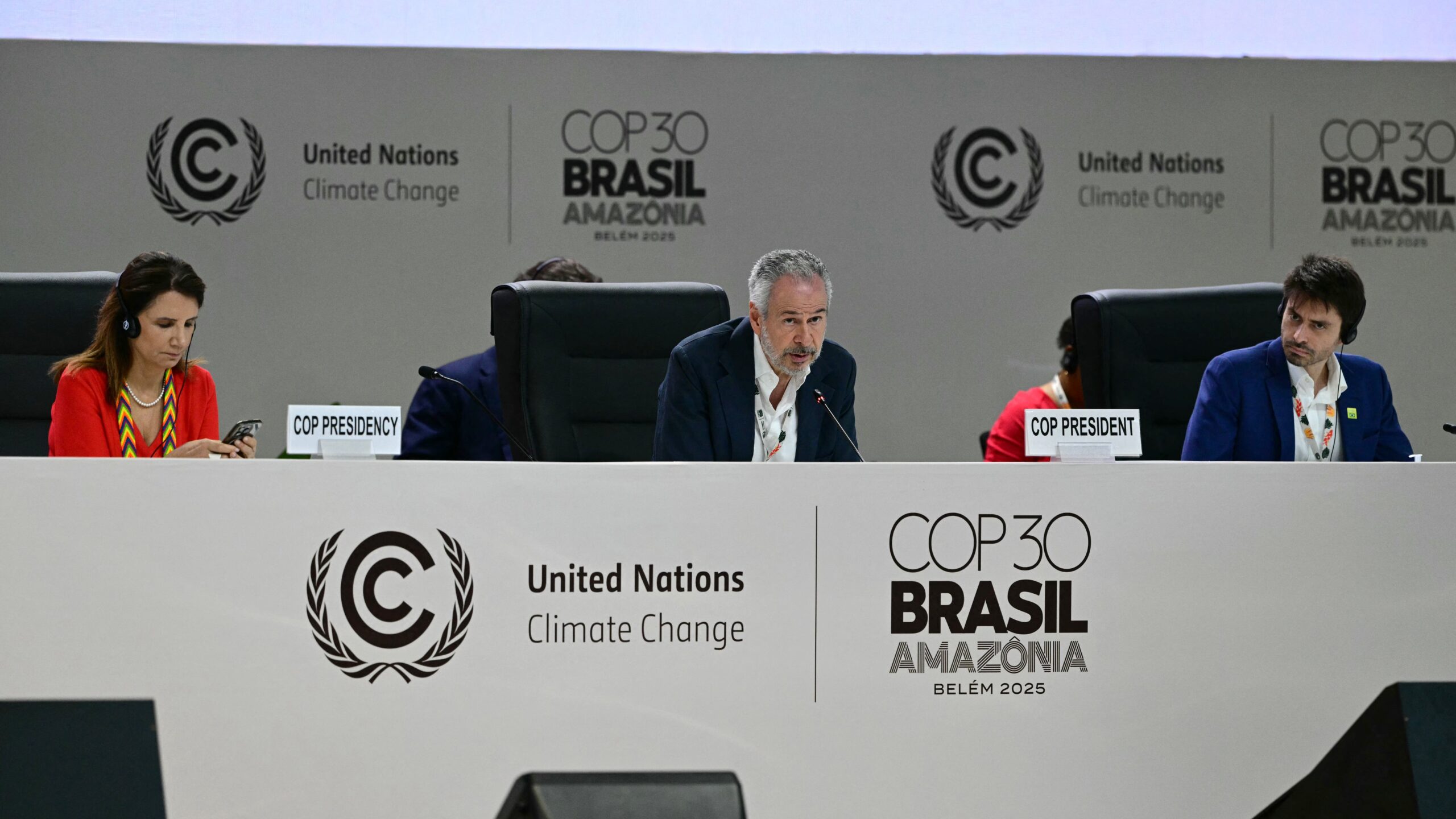 COP30 President Andre Correa do Lago (C) speaks during a plenary session of the COP30 UN Climate Change Conference in Belem, Para state, Brazil on November 21, 2025.